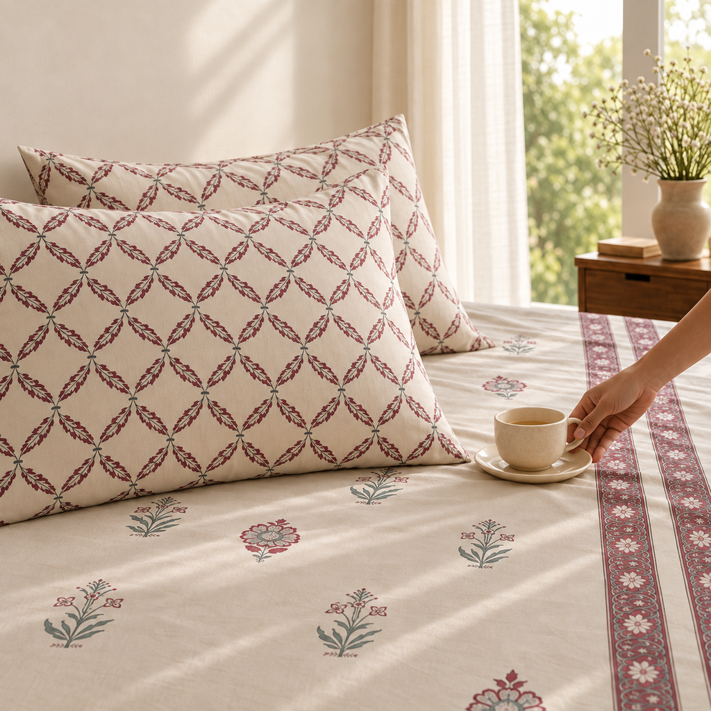 Surkhi Jaipur Hand Block Print Cotton Bedsheet – Ivory Floral, King (108x108 in)