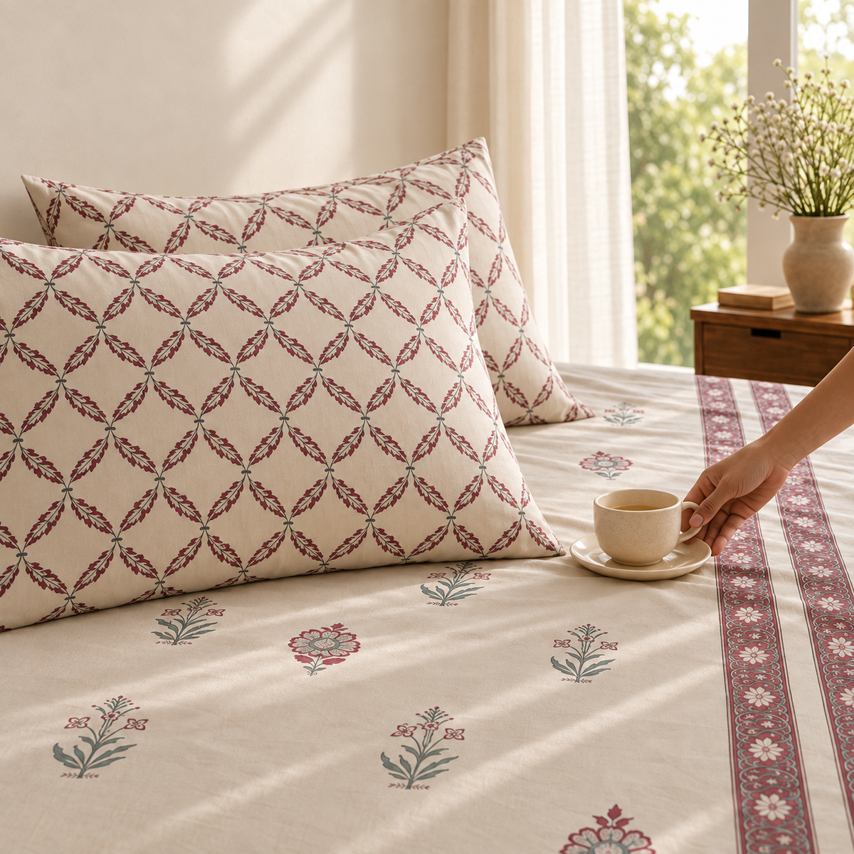 Surkhi Jaipur Hand Block Print Cotton Bedsheet – Ivory Floral, King (108x108 in)