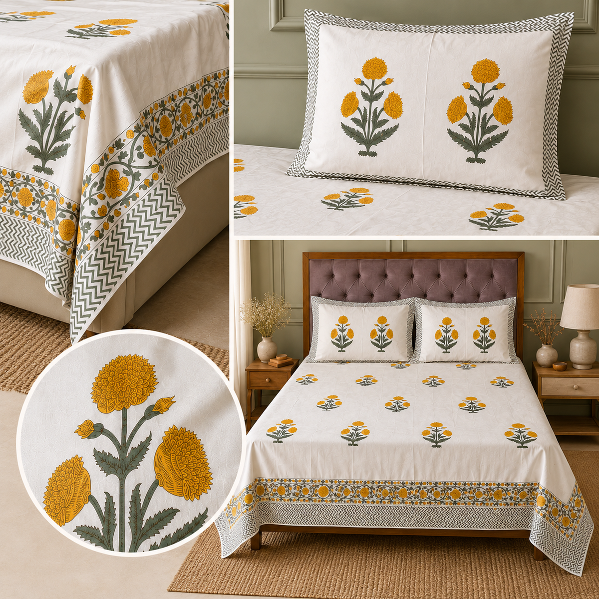 Surkhi Jaipur Hand Block Print Cotton Bedsheet – Marigold Floral, King