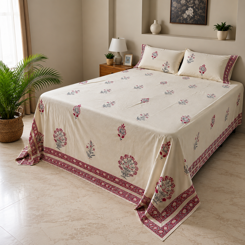 Surkhi Jaipur Hand Block Print Cotton Bedsheet – Ivory Floral, King (108x108 in)
