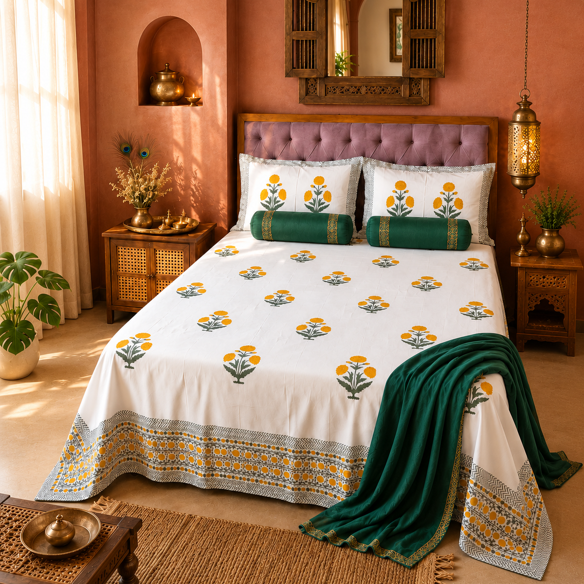 Surkhi Jaipur Hand Block Print Cotton Bedsheet – Marigold Floral, King