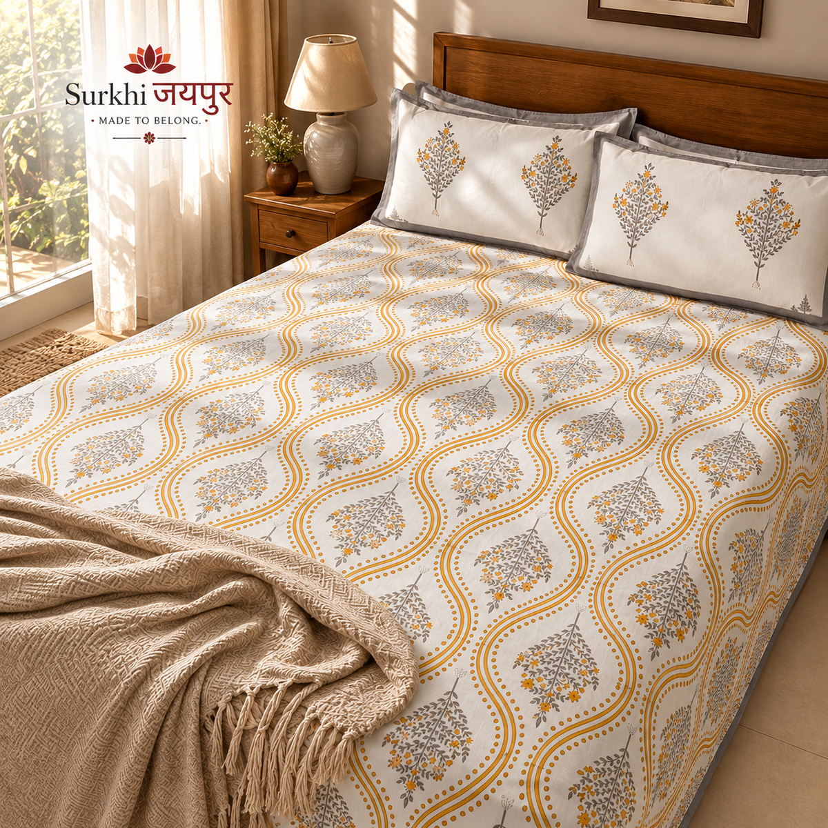 Surkhi Jaipur Hand Block Print Cotton Bedsheet – Mustard Floral Trellis, King