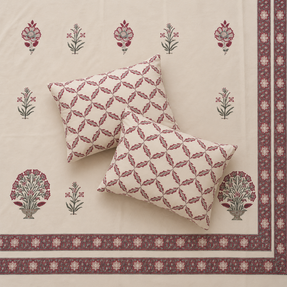 Surkhi Jaipur Hand Block Print Cotton Bedsheet – Ivory Floral, King (108x108 in)