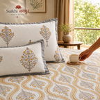 Surkhi Jaipur Hand Block Print Cotton Bedsheet – Mustard Floral Trellis, King