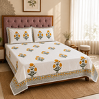 Surkhi Jaipur Hand Block Print Cotton Bedsheet – Marigold Floral, King