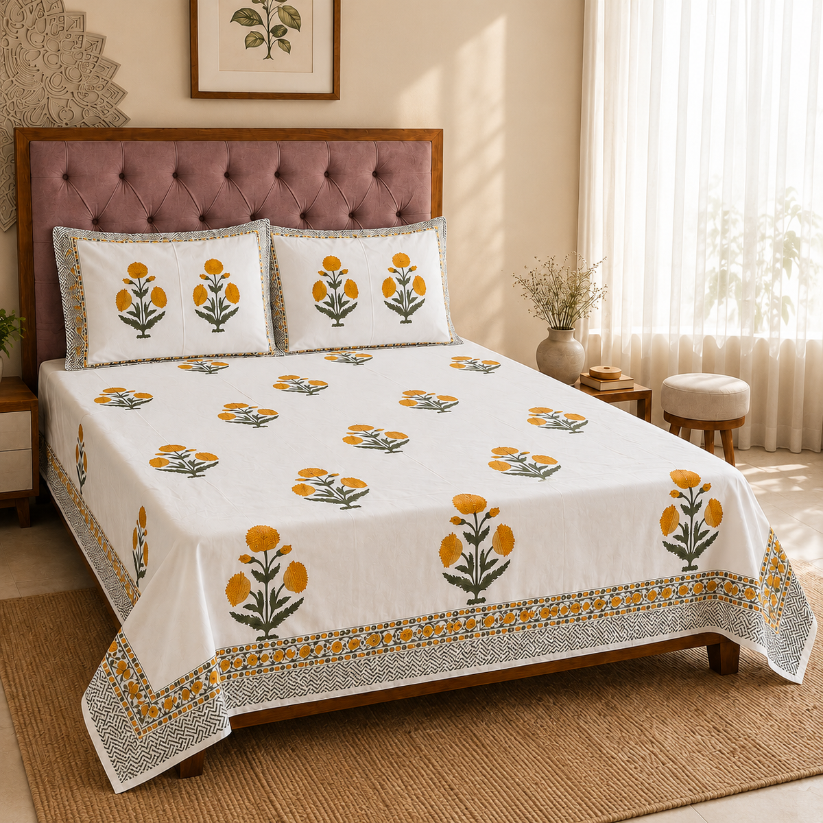 Surkhi Jaipur Hand Block Print Cotton Bedsheet – Marigold Floral, King