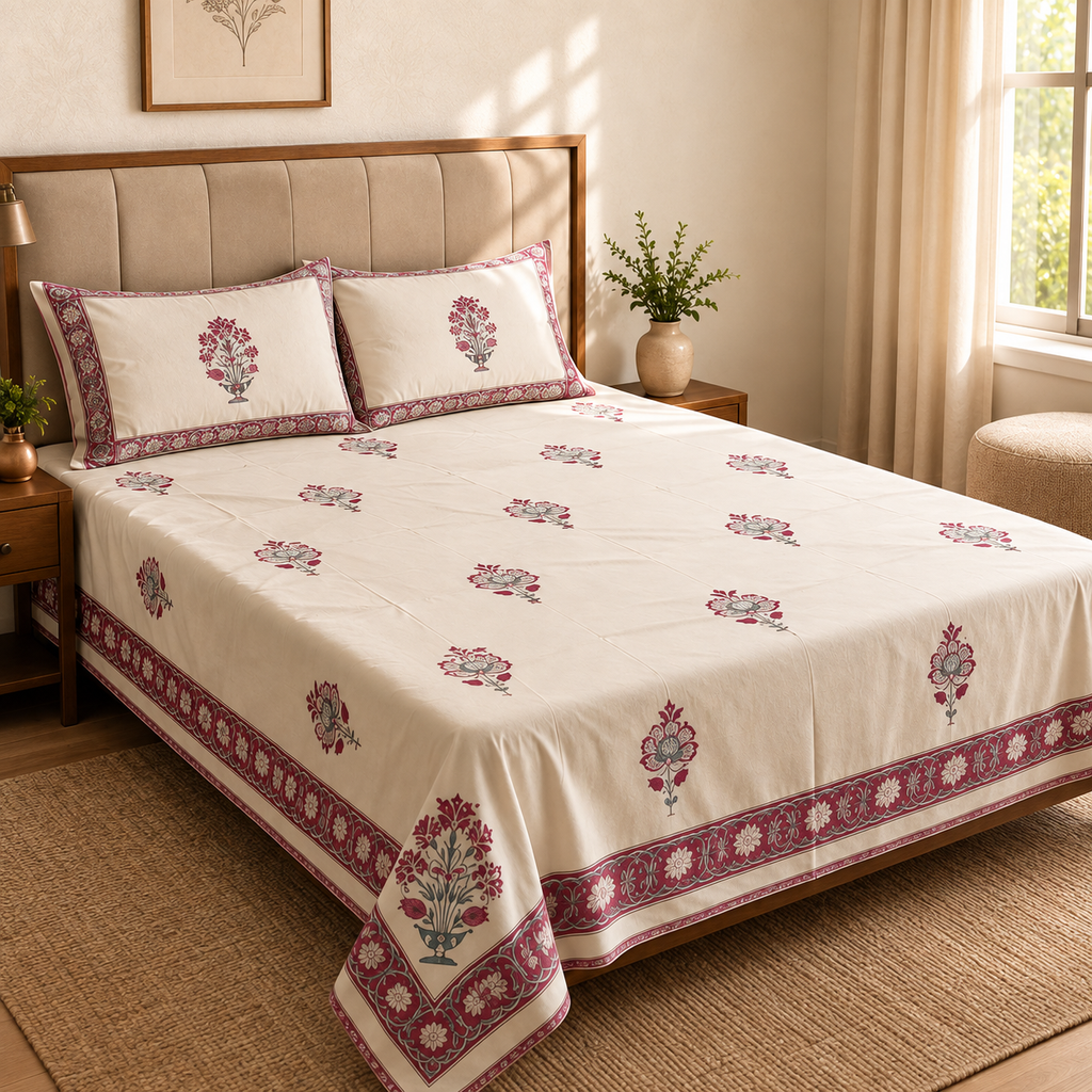 Surkhi Jaipur Hand Block Print Cotton Bedsheet – Ivory Floral, King (108x108 in)