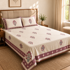 Surkhi Jaipur Hand Block Print Cotton Bedsheet – Ivory Floral, King (108x108 in)