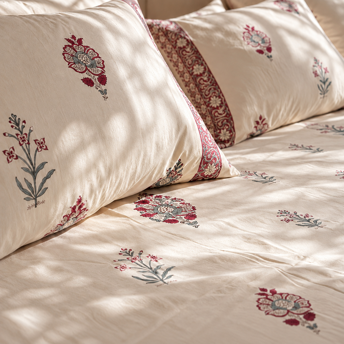 Surkhi Jaipur Hand Block Print Cotton Bedsheet – Ivory Floral, King (108x108 in)