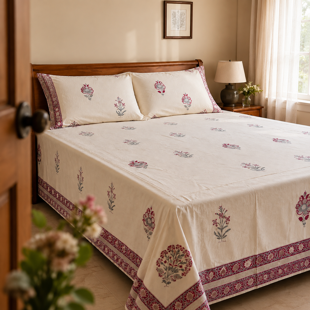 Surkhi Jaipur Hand Block Print Cotton Bedsheet – Ivory Floral, King (108x108 in)