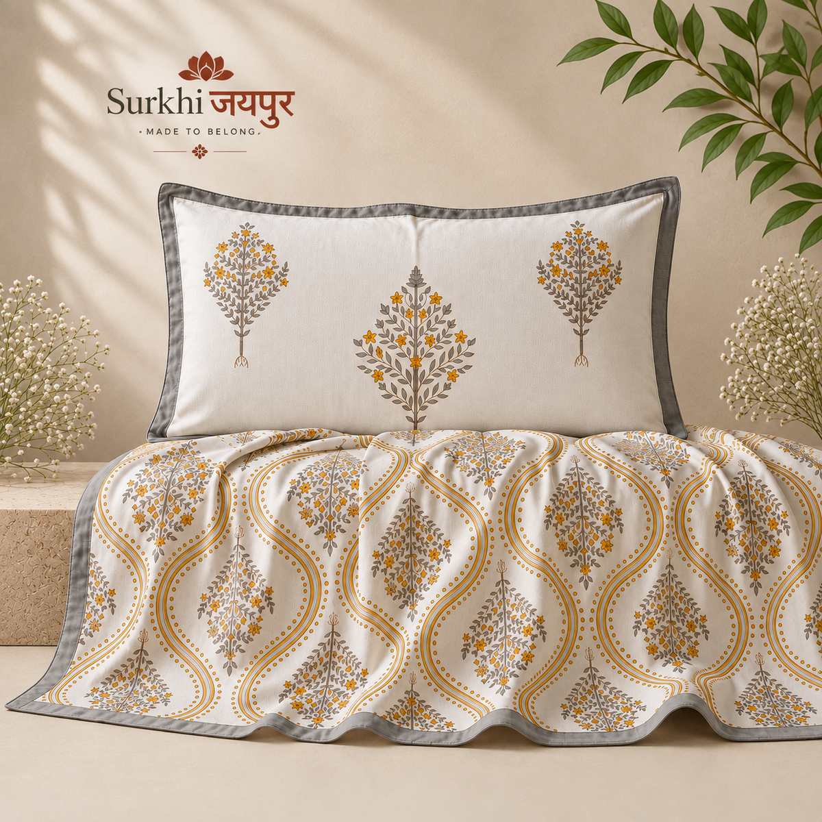 Surkhi Jaipur Hand Block Print Cotton Bedsheet – Mustard Floral Trellis, King
