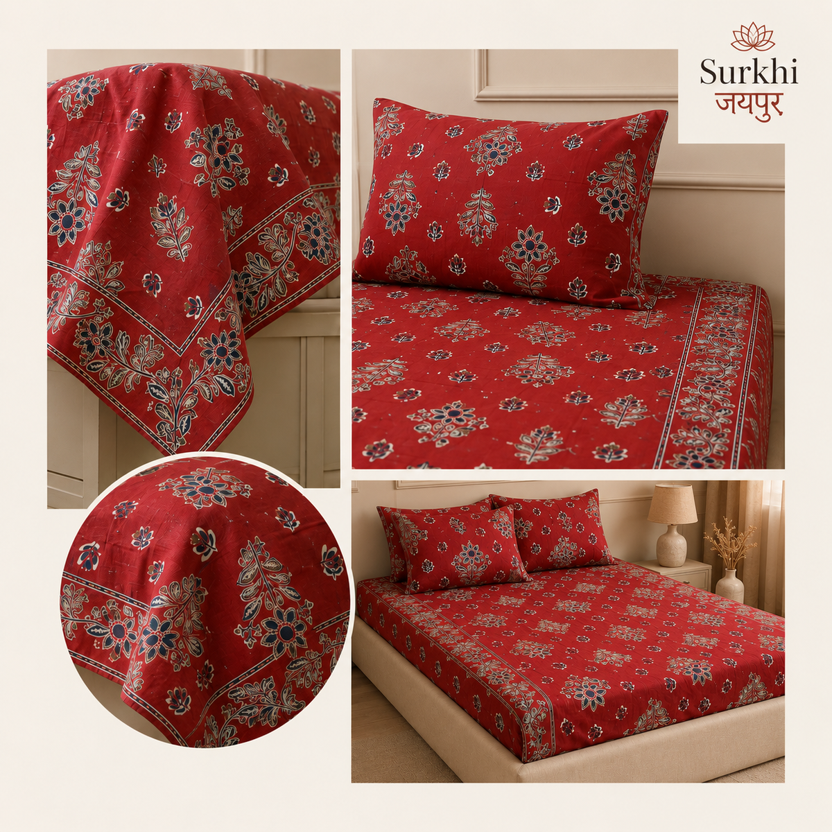 Surkhi Jaipur Screen Print Cotton Bedsheet – Maroon Floral Booti, King