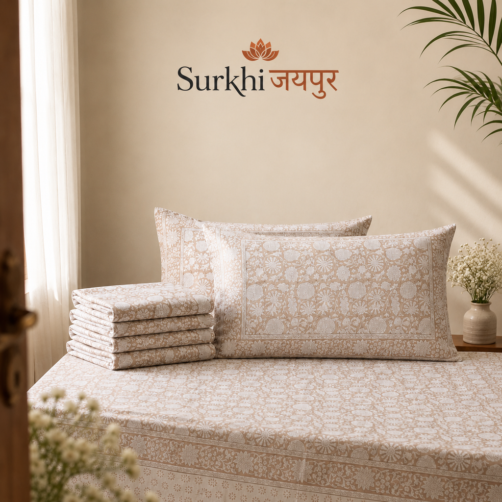 Surkhi Jaipur Hand Block Print Kamal Trails Cotton Bedsheet – King