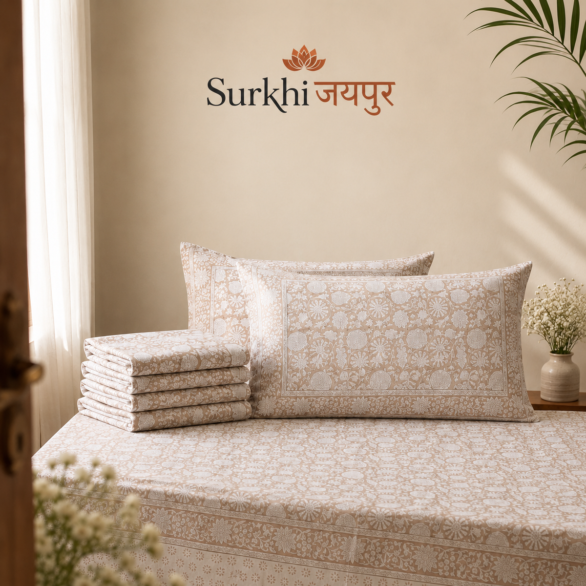 Surkhi Jaipur Hand Block Print Kamal Trails Cotton Bedsheet – King
