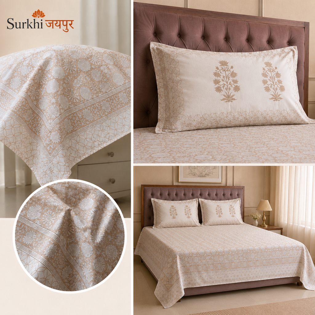 Surkhi Jaipur Hand Block Print Kamal Trails Cotton Bedsheet – King
