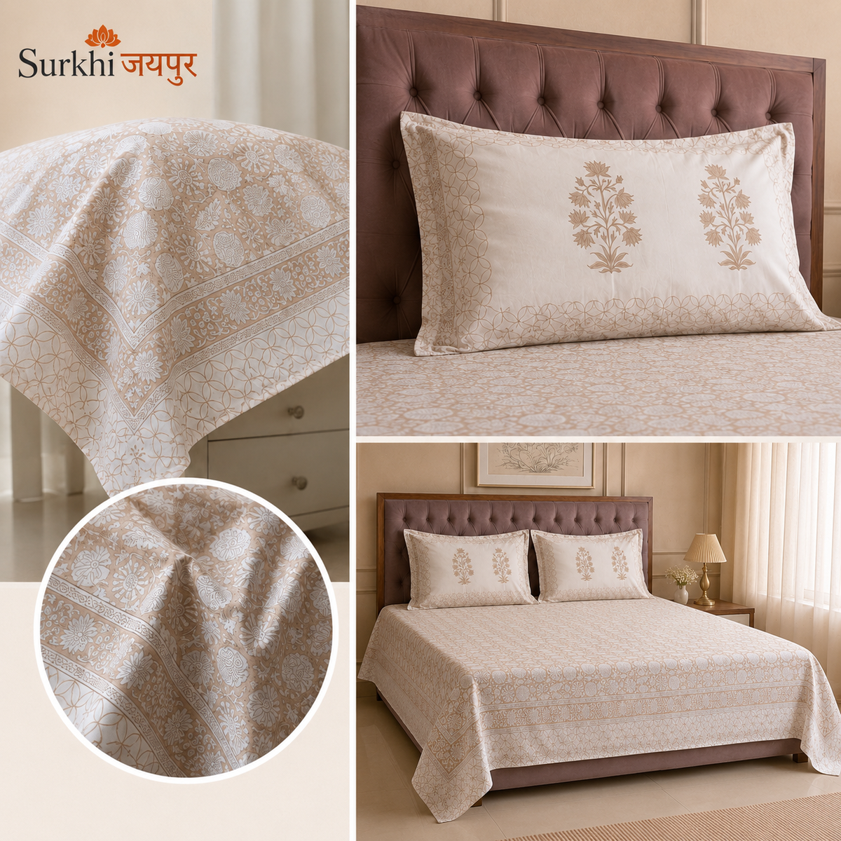 Surkhi Jaipur Hand Block Print Kamal Trails Cotton Bedsheet – King