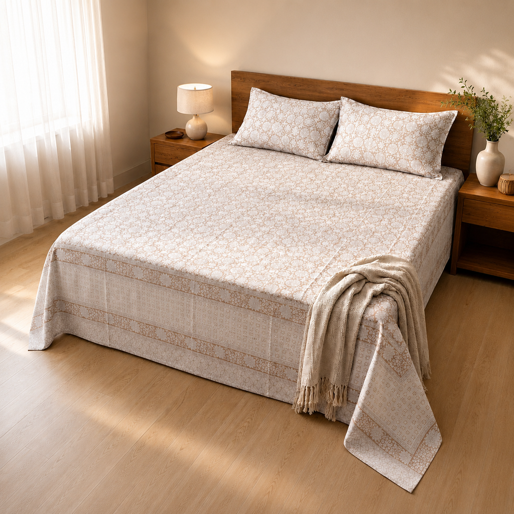Surkhi Jaipur Hand Block Print Kamal Trails Cotton Bedsheet – King