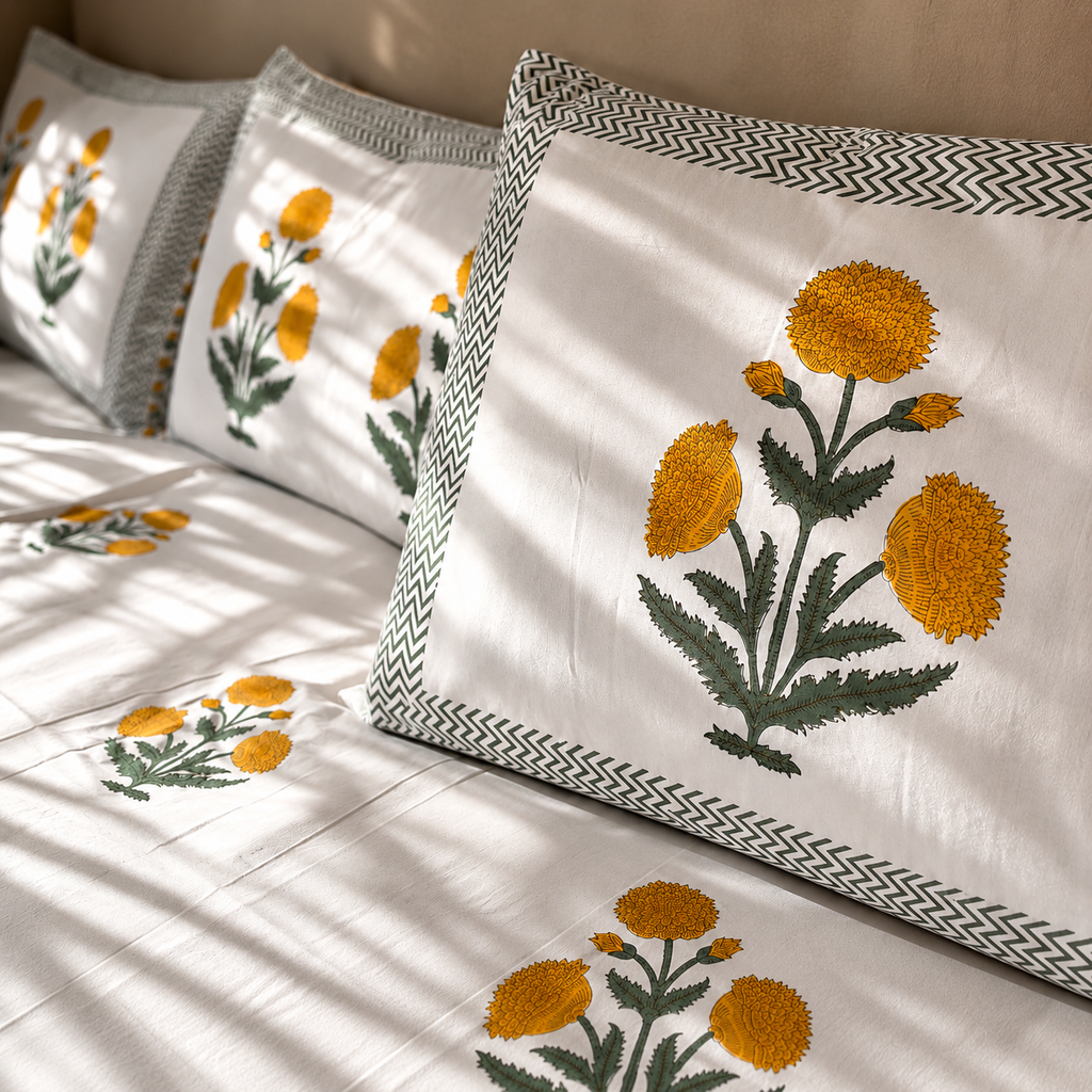 Surkhi Jaipur Hand Block Print Cotton Bedsheet – Marigold Floral, King