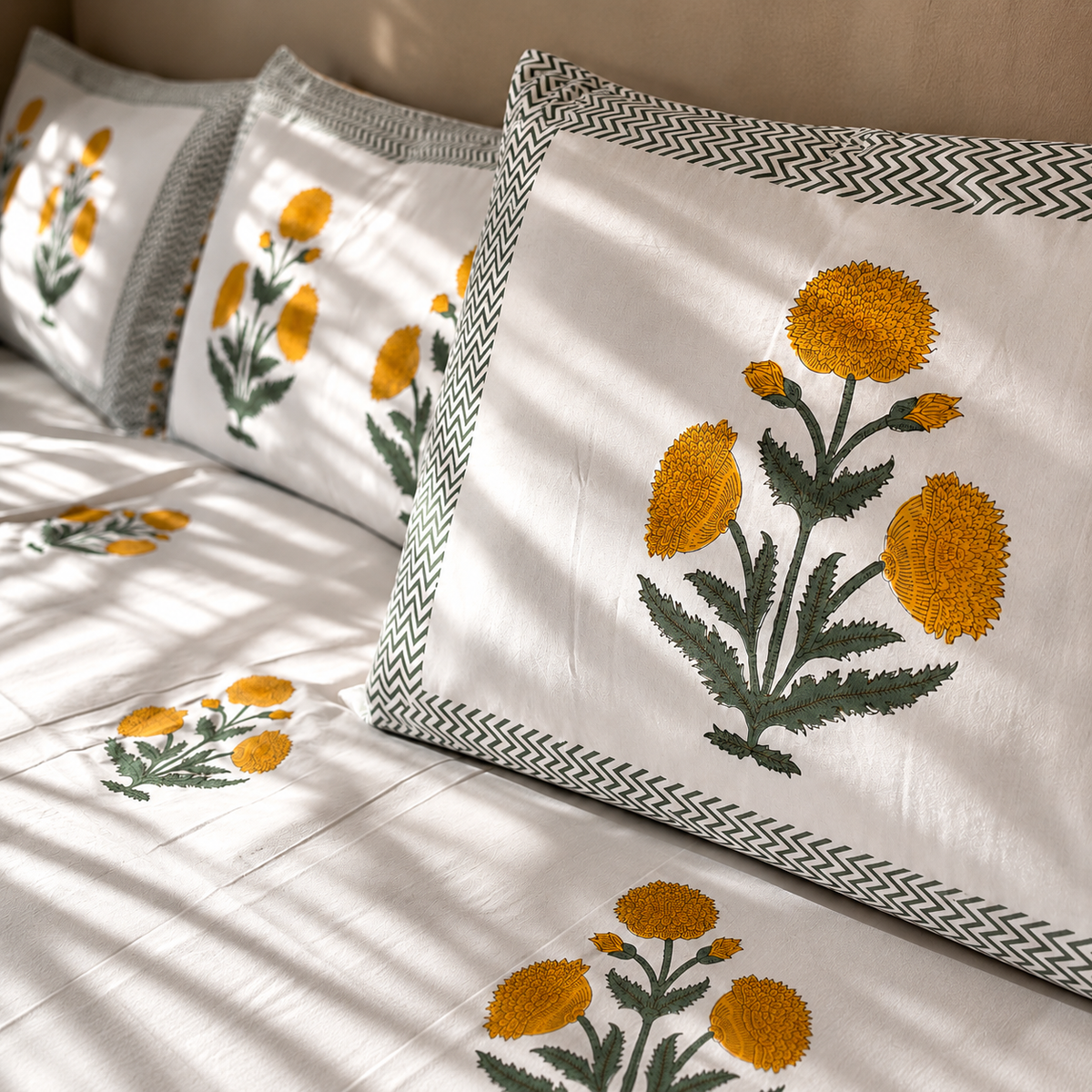 Surkhi Jaipur Hand Block Print Cotton Bedsheet – Marigold Floral, King