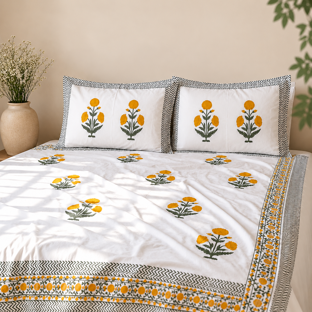 Surkhi Jaipur Hand Block Print Cotton Bedsheet – Marigold Floral, King