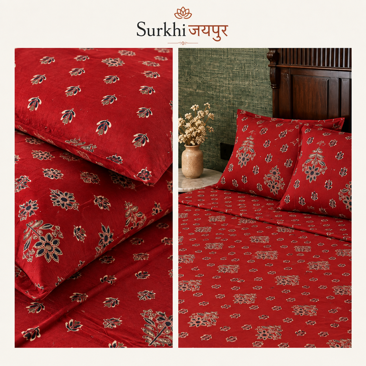 Surkhi Jaipur Screen Print Cotton Bedsheet – Maroon Floral Booti, King