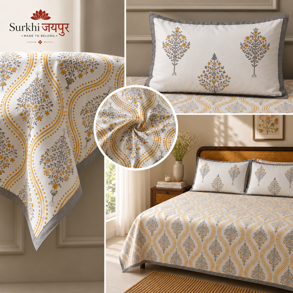 Surkhi Jaipur Hand Block Print Cotton Bedsheet – Mustard Floral Trellis, King