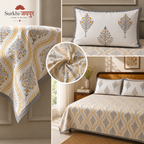 Surkhi Jaipur Hand Block Print Cotton Bedsheet – Mustard Floral Trellis, King