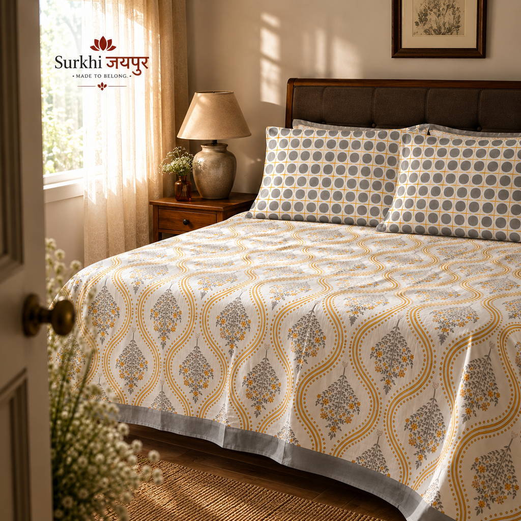 Surkhi Jaipur Hand Block Print Cotton Bedsheet – Mustard Floral Trellis, King