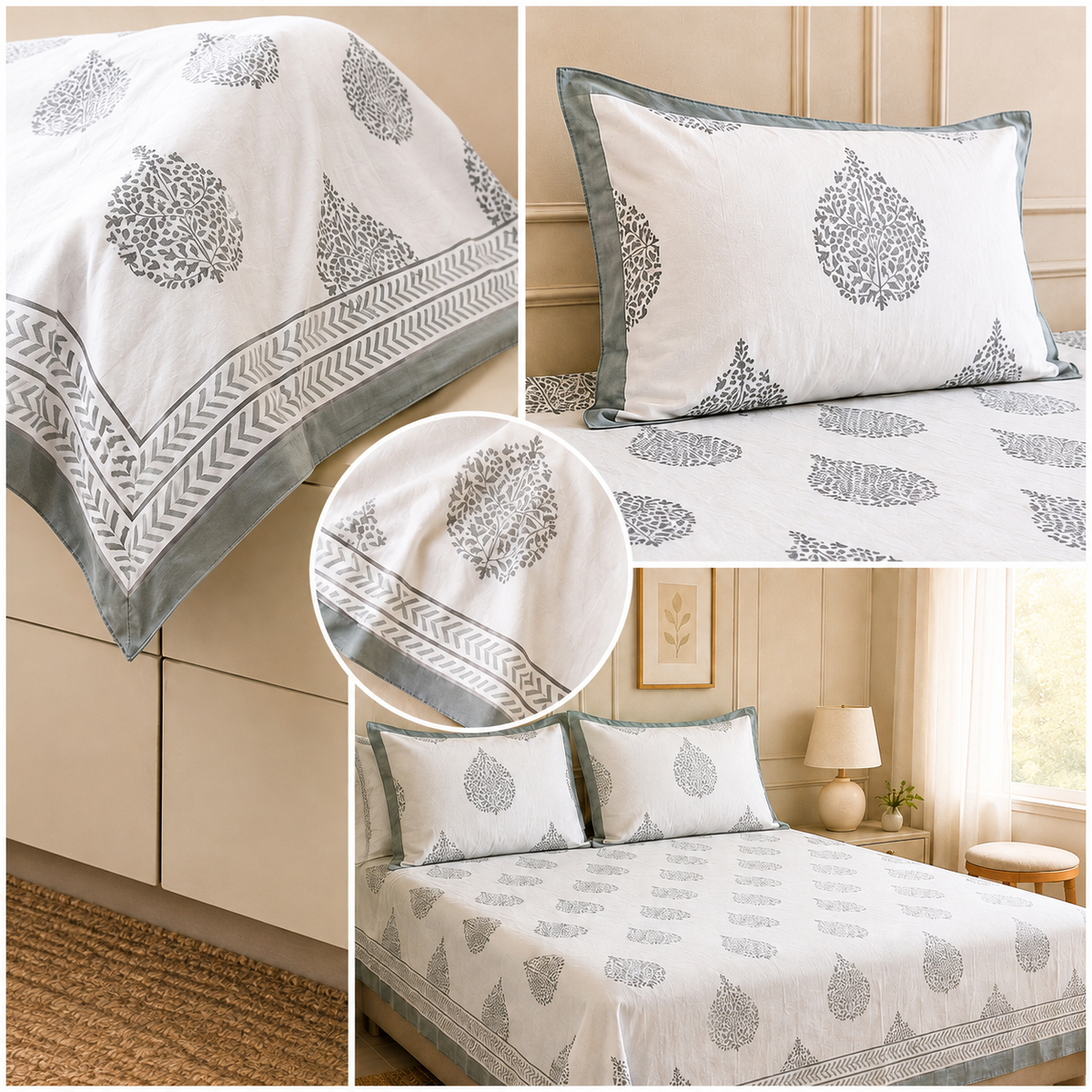 Surkhi Jaipur Hand Block Print Paisley Ash Cotton Bedsheet – King