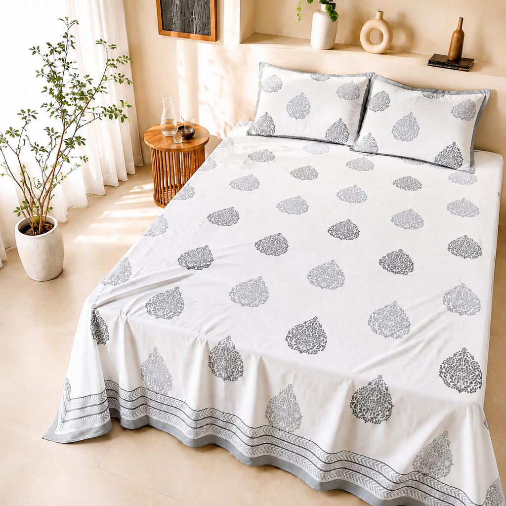 Surkhi Jaipur Hand Block Print Paisley Ash Cotton Bedsheet – King