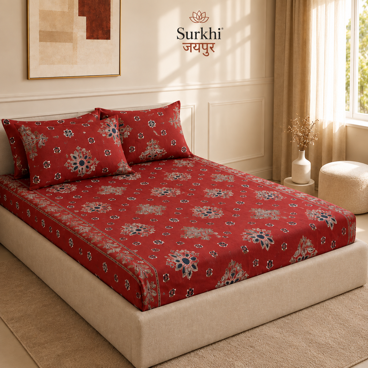 Surkhi Jaipur Screen Print Cotton Bedsheet – Maroon Floral Booti, King
