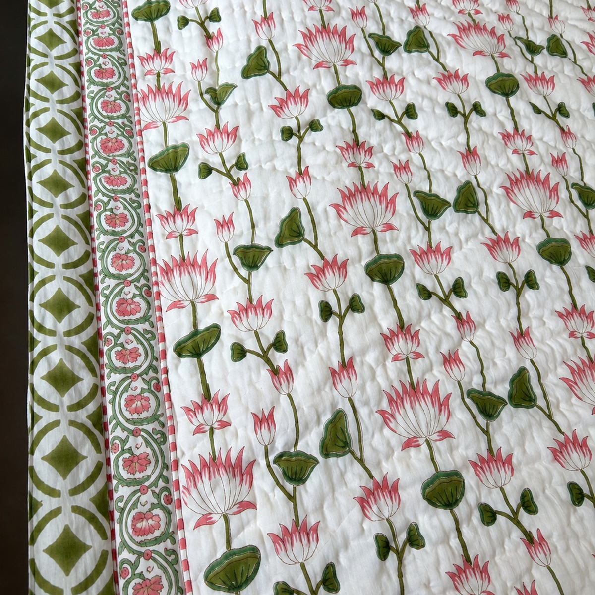 Surkhi Jaipur Hand Block Print Cotton Rajai – Pink Lotus Floral, King