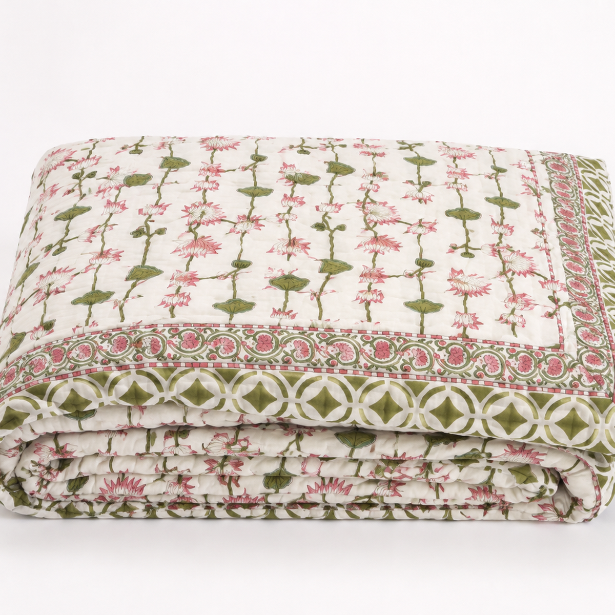 Surkhi Jaipur Hand Block Print Cotton Rajai – Pink Lotus Floral, King
