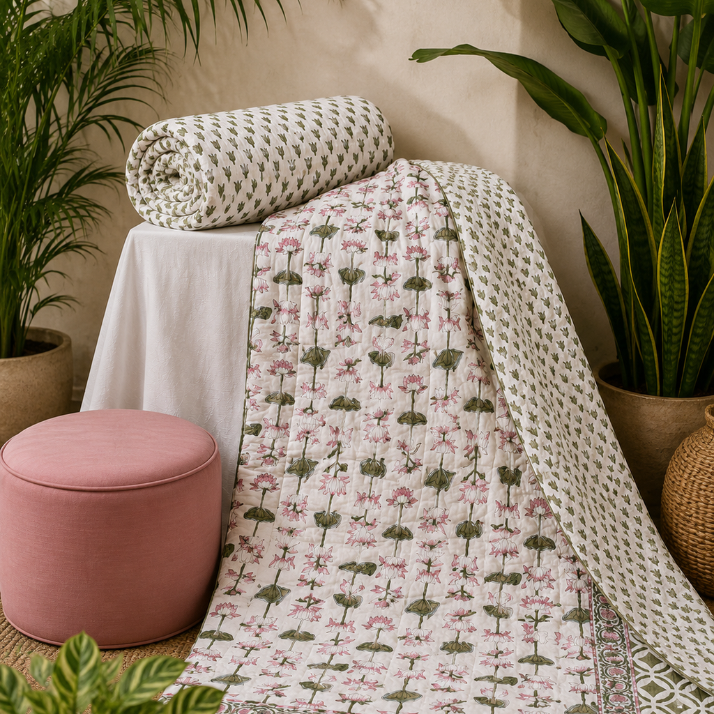 Surkhi Jaipur Hand Block Print Cotton Rajai – Pink Lotus Floral, King