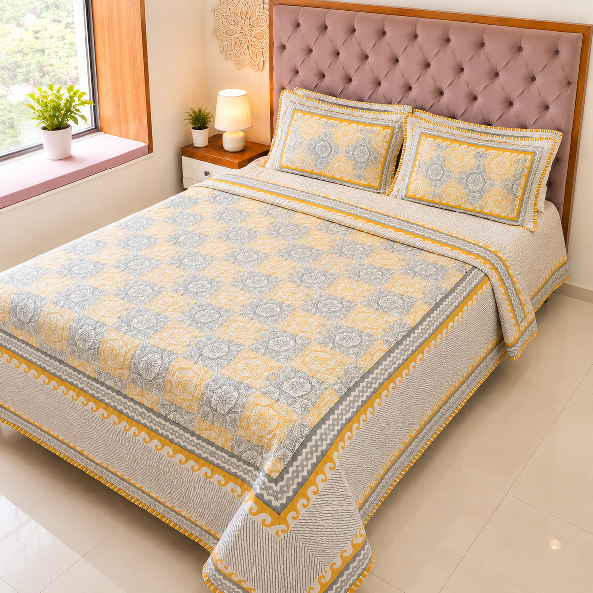 Yellow & Grey Moroccan Trellis AC Quilt Set — King 108x108