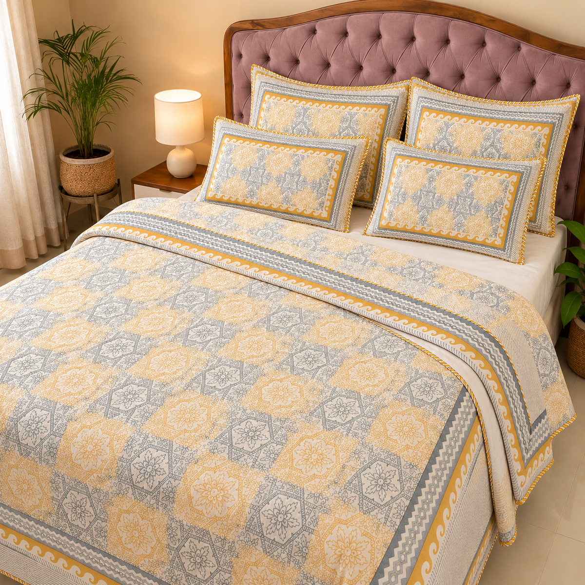 Yellow & Grey Moroccan Trellis AC Quilt Set — King 108x108